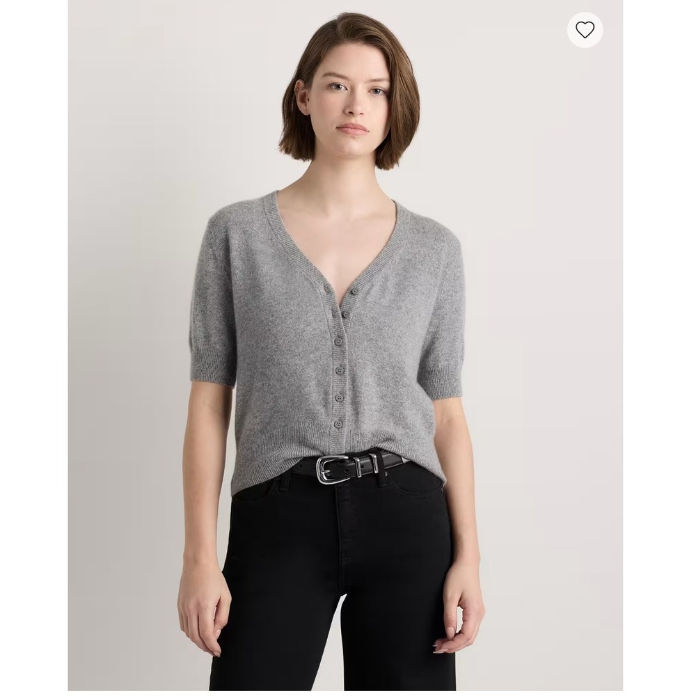 Quince Mongolian Cashmere Short Sleeve Cardigan Heather Grey MSQCH005 Large